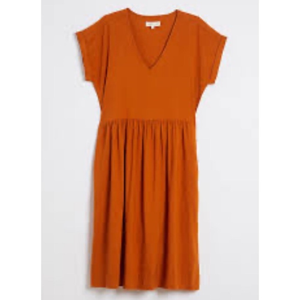 Lou & Grey Linen Blend Prairie Dress S V Neck Burnt Orange Rust Short Sleeve New